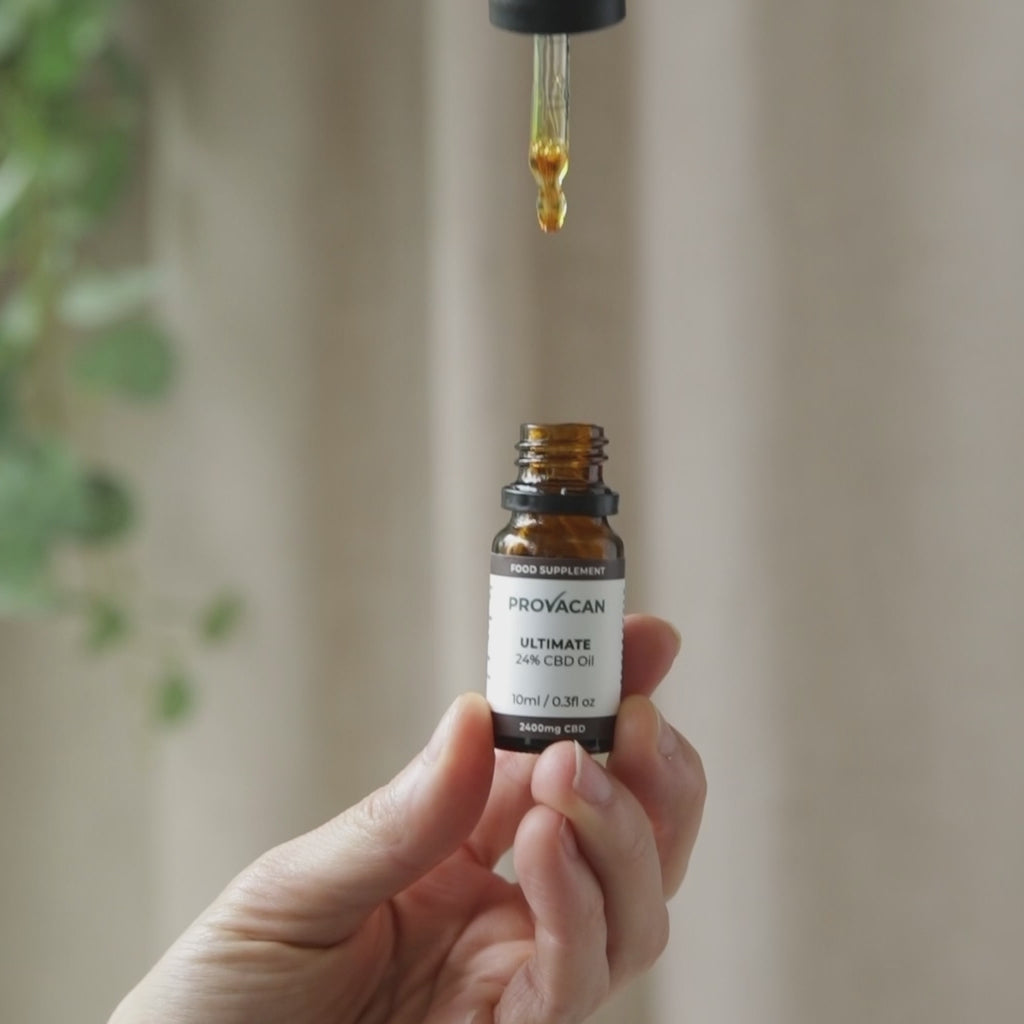 A close-up of the Provacan Ultimate CBD Oil with a person lifting the dropper and releasing a few drops of CBD oil back into the bottle. The next shot shows the oil on a desk surrounded by stationary this time with a spray nozzle attachment instead.
